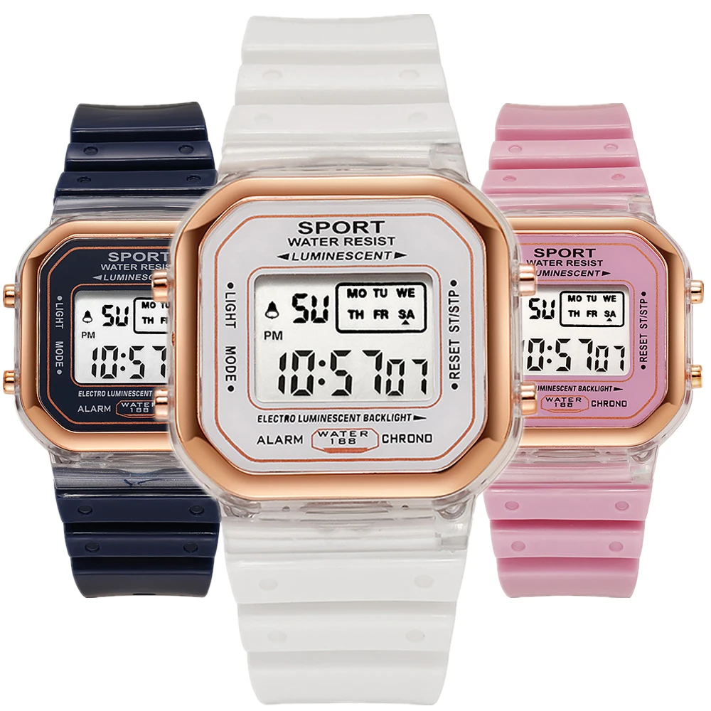 Chronograph Sport Watch - ファッションブランド学生透明電子時計キャンディーマルチカラー LED レディーススポーツ防水腕時計時計ギフトレロジオ
