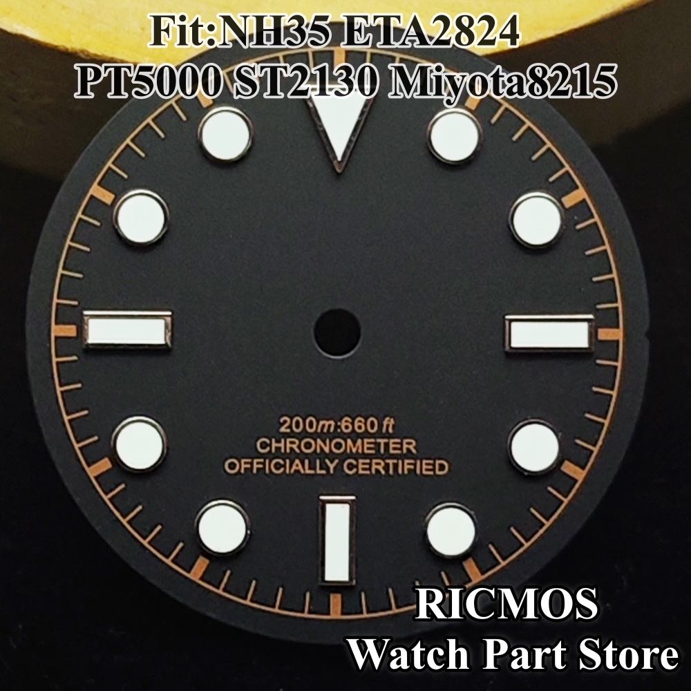 Luminous Dial Face - 28.5mm NH35 ブラックウォッチダイヤル、グリーン夜光針付き、NH35 NH34 ETA2824 ST2130