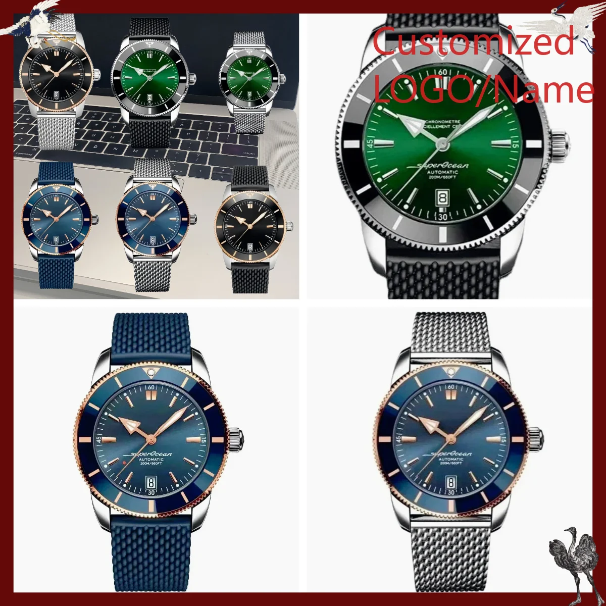 Chronograph Sport Watch - A1212ストア カスタマイズウォッチ 46mm スポーツ自動巻き機械式腕時計 メンズ用、ローズゴールドケース、ブラックとブルーのラバーストラップ