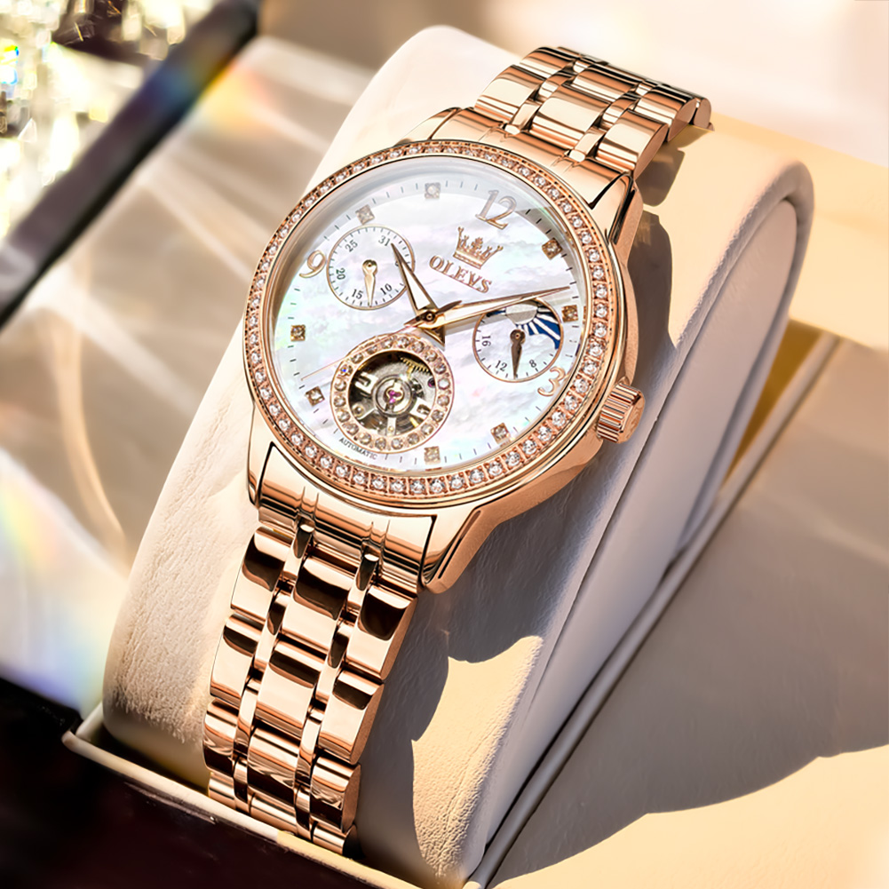 Anti-Magnetic Watch - OLEVS 女性用腕時計トップブランドの高級ファッションファインスチールオリジナル自動機械式腕時計ネックレスブレスレットギフトボックス