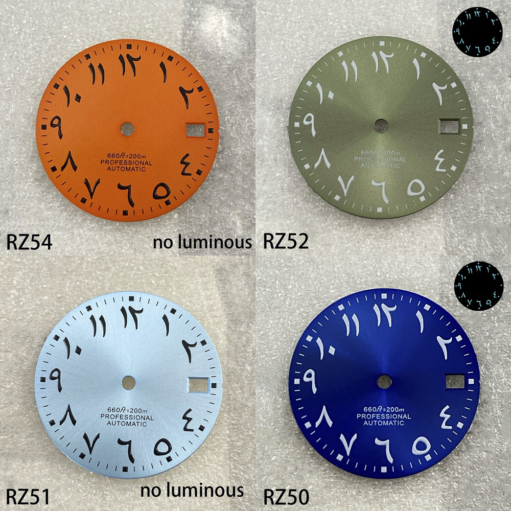Luminous Dial Face - 28.5mmの太陽模様アラビア数字Sダイヤル、NH35アイスブルー夜光ダイヤル（オリーブグリーンSロゴ付き）、NH35自動巻きムーブメント用。