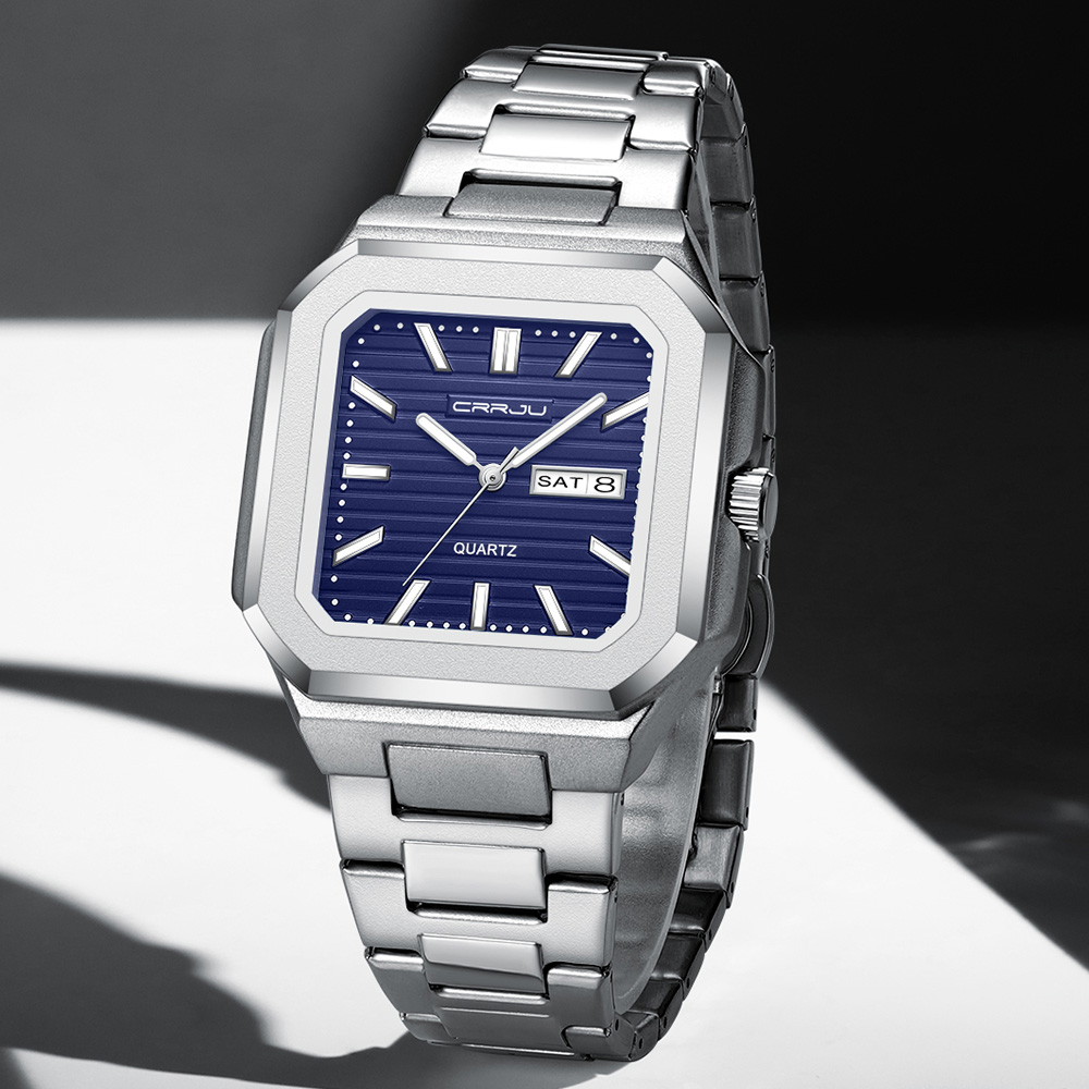 Smartwatch Square Watches For Men - CRRJU メンズカジュアルステンレススチール腕時計、曜日と日付表示付きアナログクォーツ時計、男性用クラシック防水ドレスウォッチ