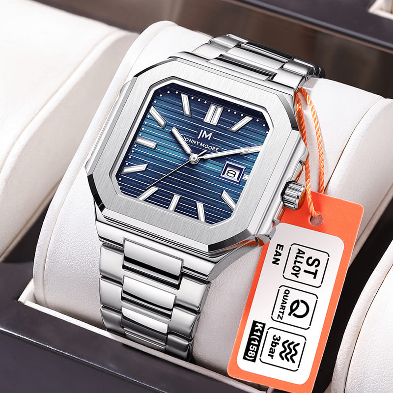 Smartwatch Square Watches For Men - ジョニー・ムーア K1050 ファッション高級スチールストリップクォーツ腕時計 スクエア防水カレンダーダイヤモンド夜光メンズ腕時計