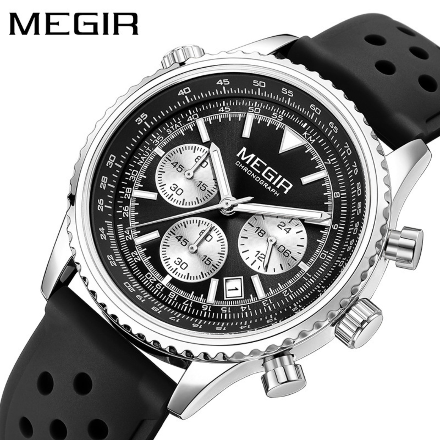 MEGIR シルバーブラッククォーツ時計メンズミリタリースポ - Chronograph Sport Watch のレビューと価格